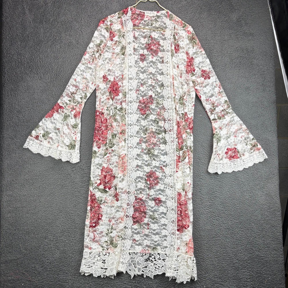 Jolie & Joy Floral Lace Duster Cardigan XL Ivory Pink Bell Sleeve Open Wrap